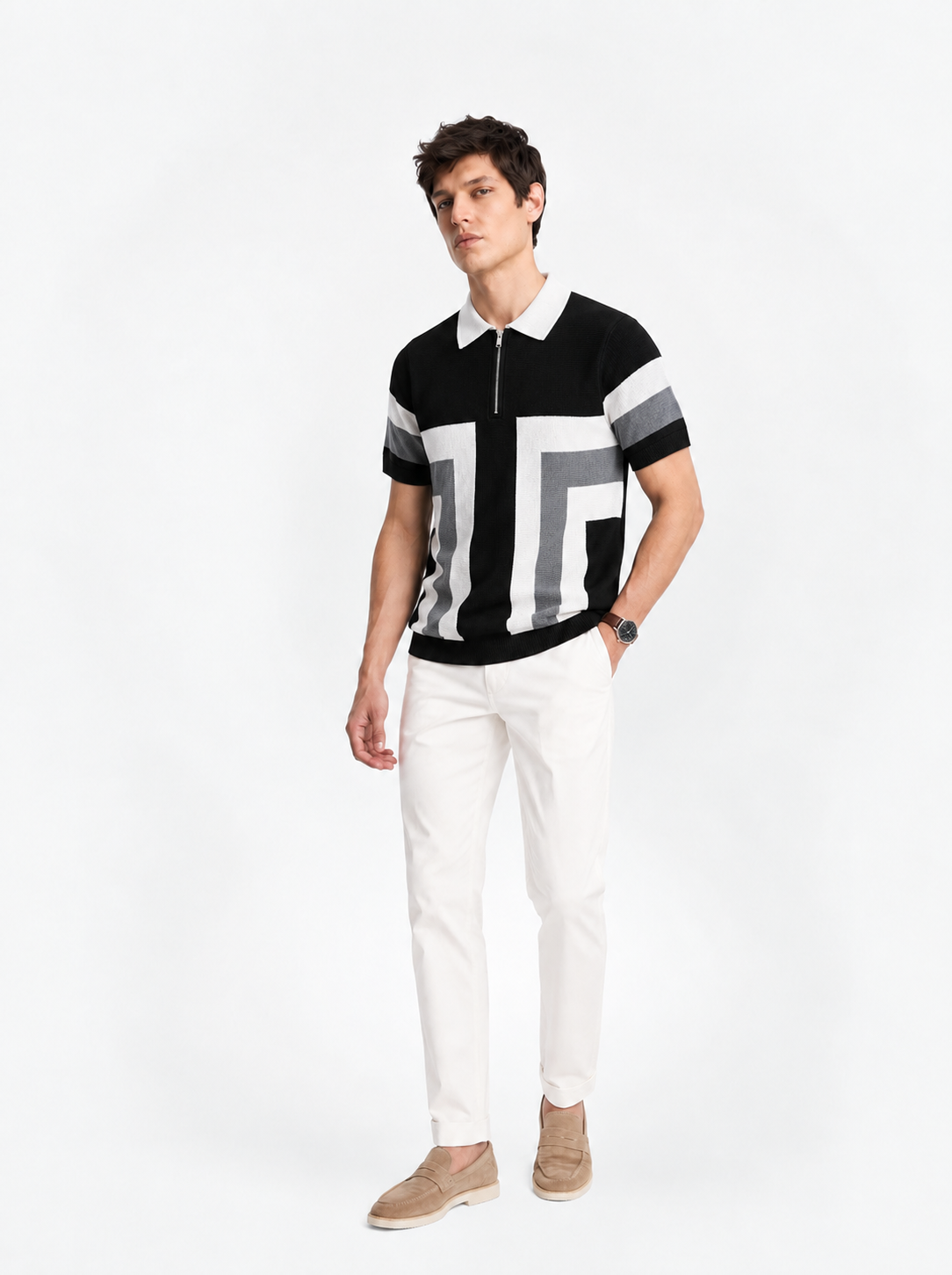 White Grey Texture Stripes Polo