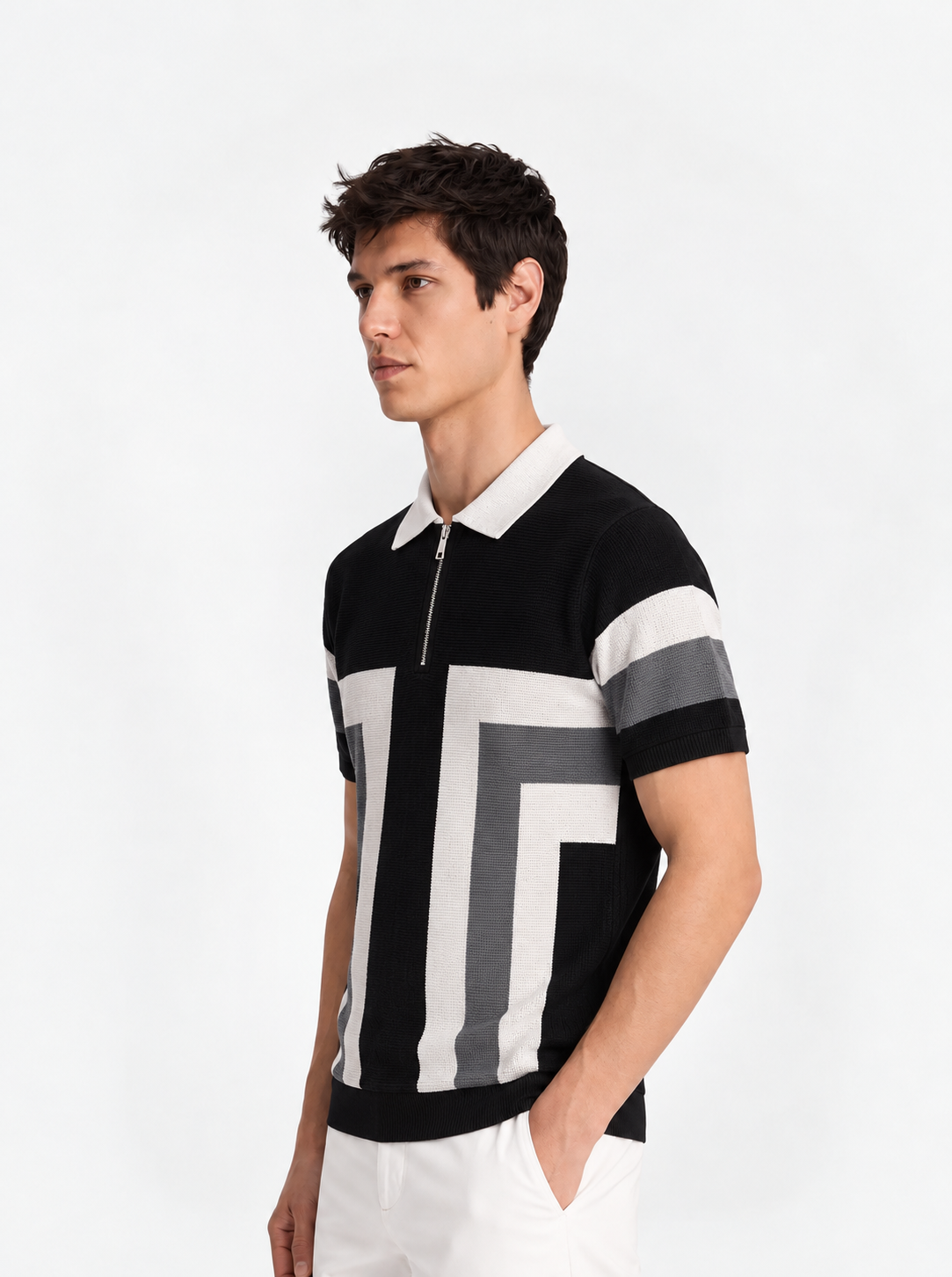 White Grey Texture Stripes Polo