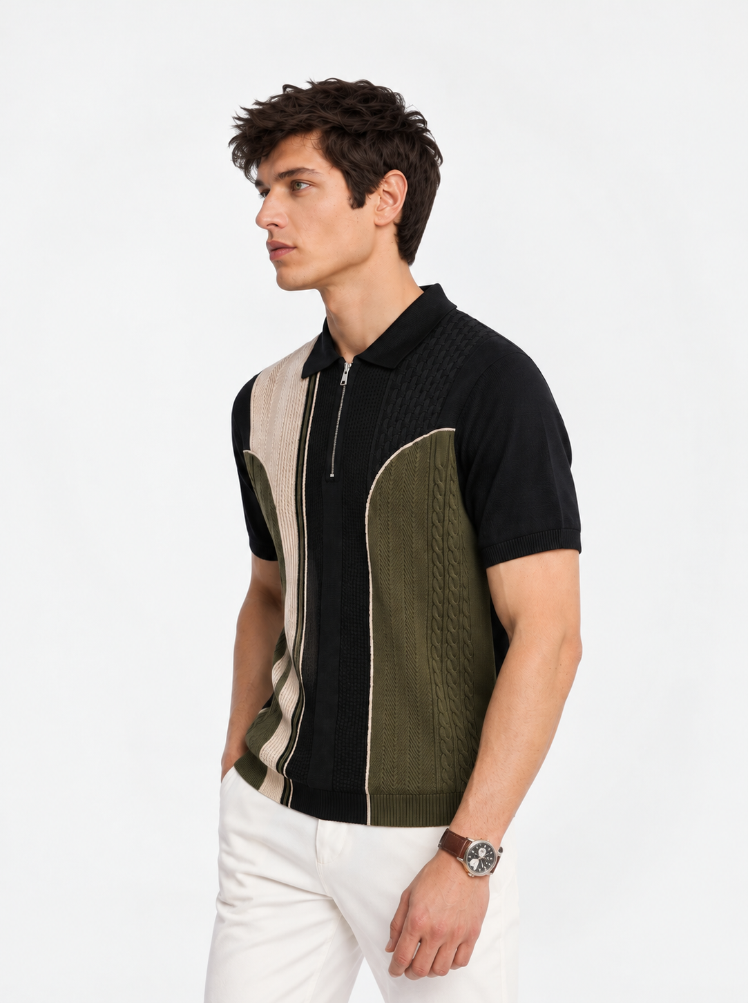 Green Cream Texture Stripes Polo