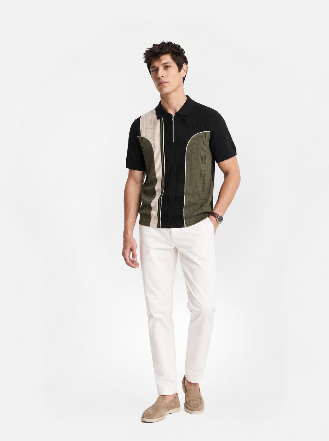 Green Cream Texture Stripes Polo