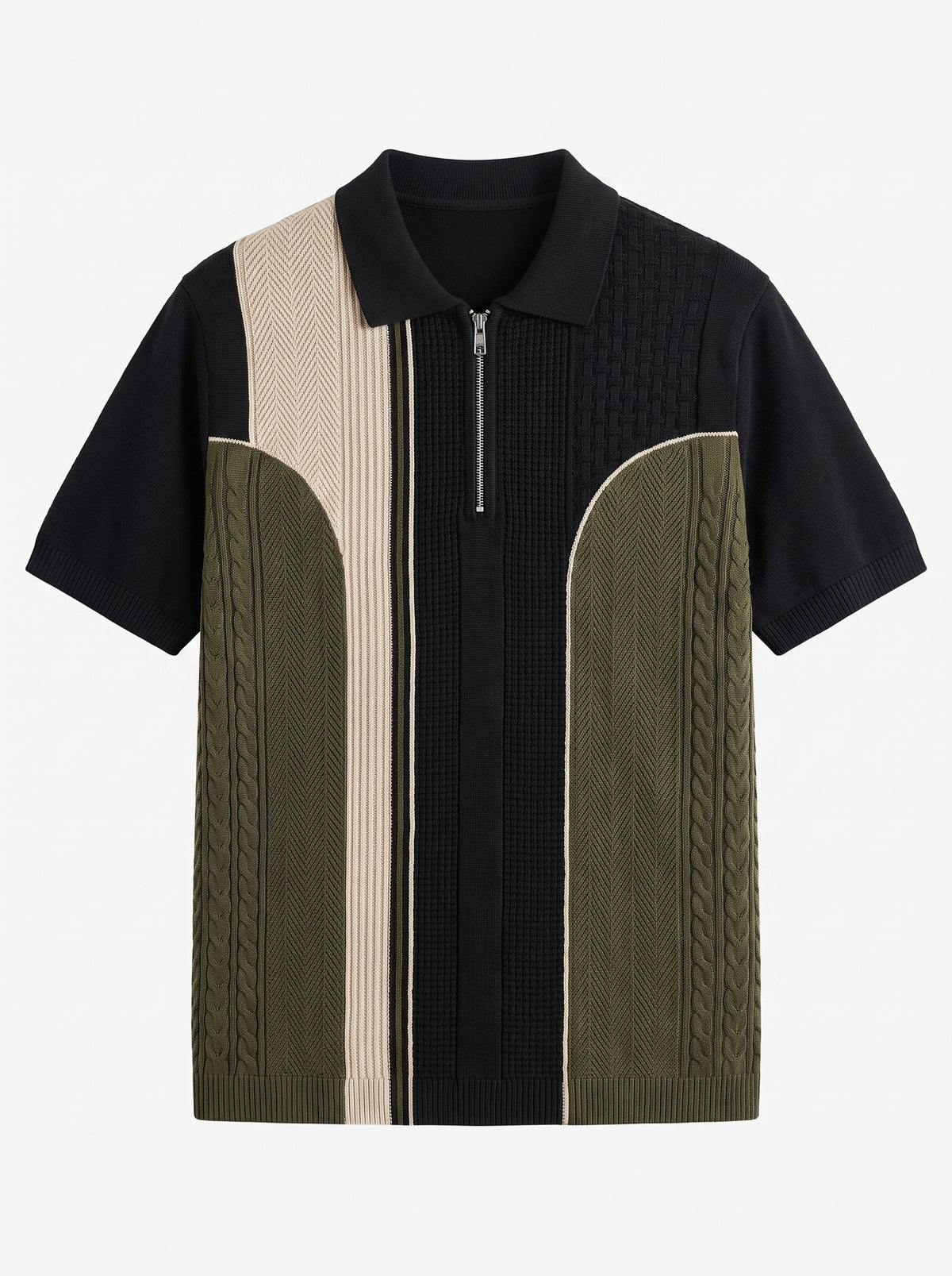 BLAKC black knitted polo shirt with olive-green cable-knit arches and cream herringbone stripe, laid flat