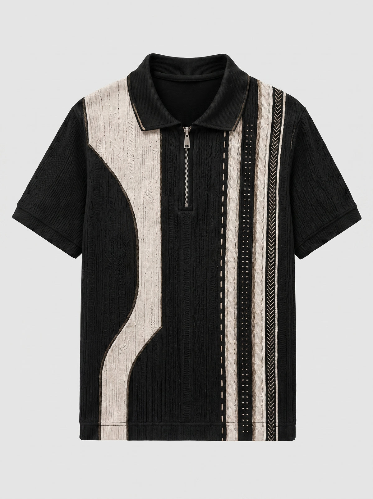 BLAKC black knitted polo shirt with a curved off-white panel and vertical cable, dotted and chevron stripes, laid flat
