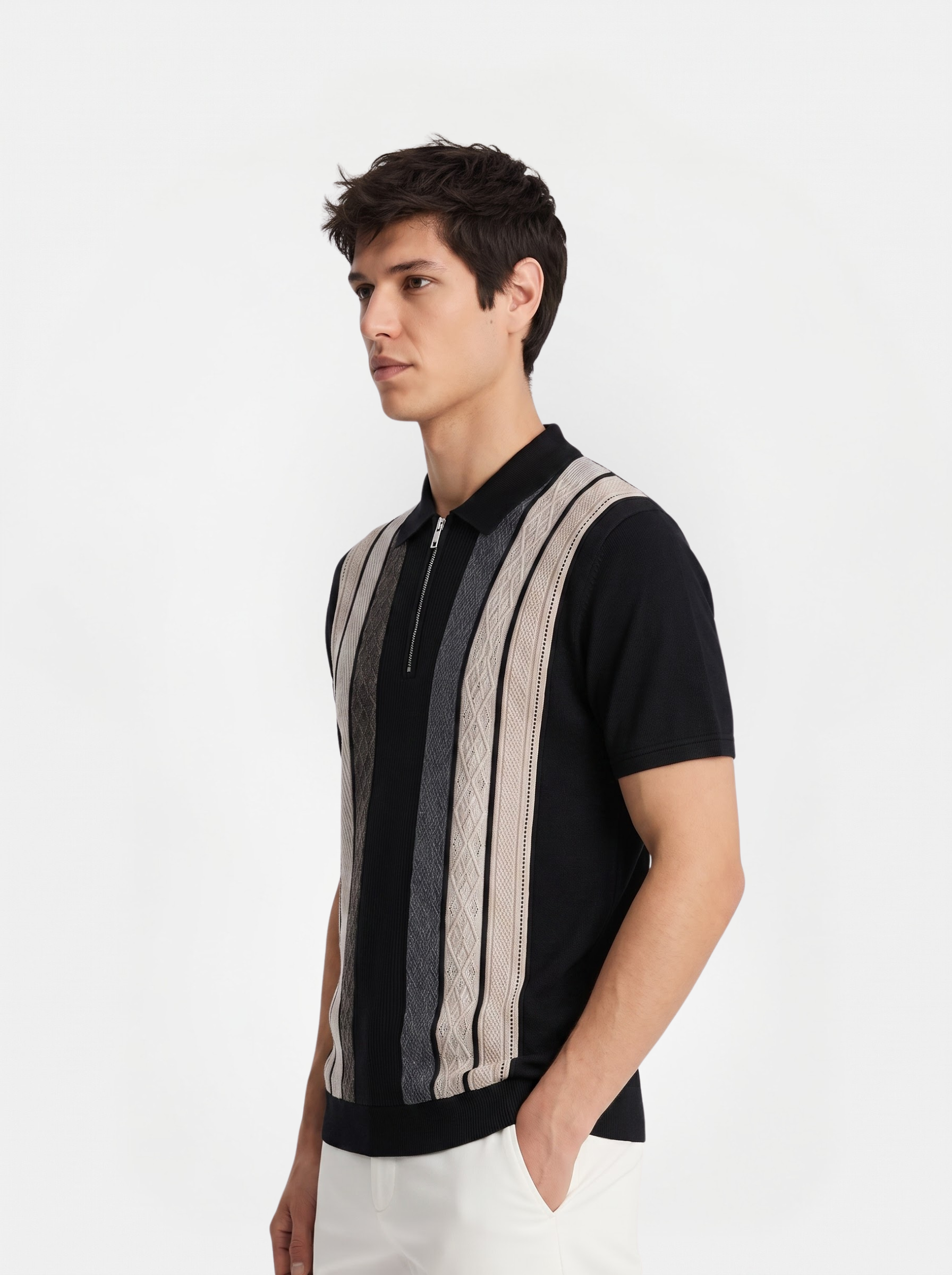 Grey Cream Texture Stripes Polo