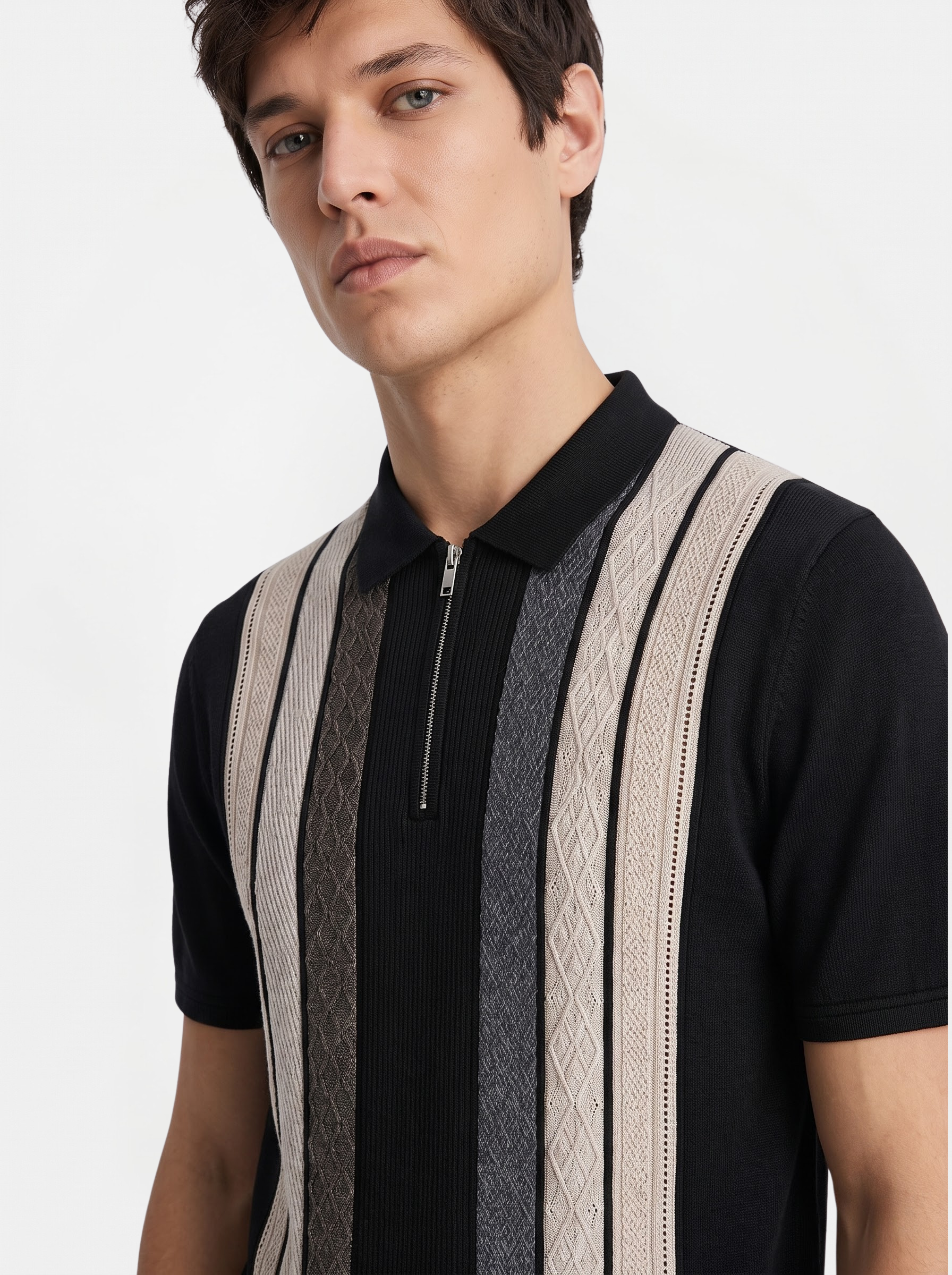 Grey Cream Texture Stripes Polo