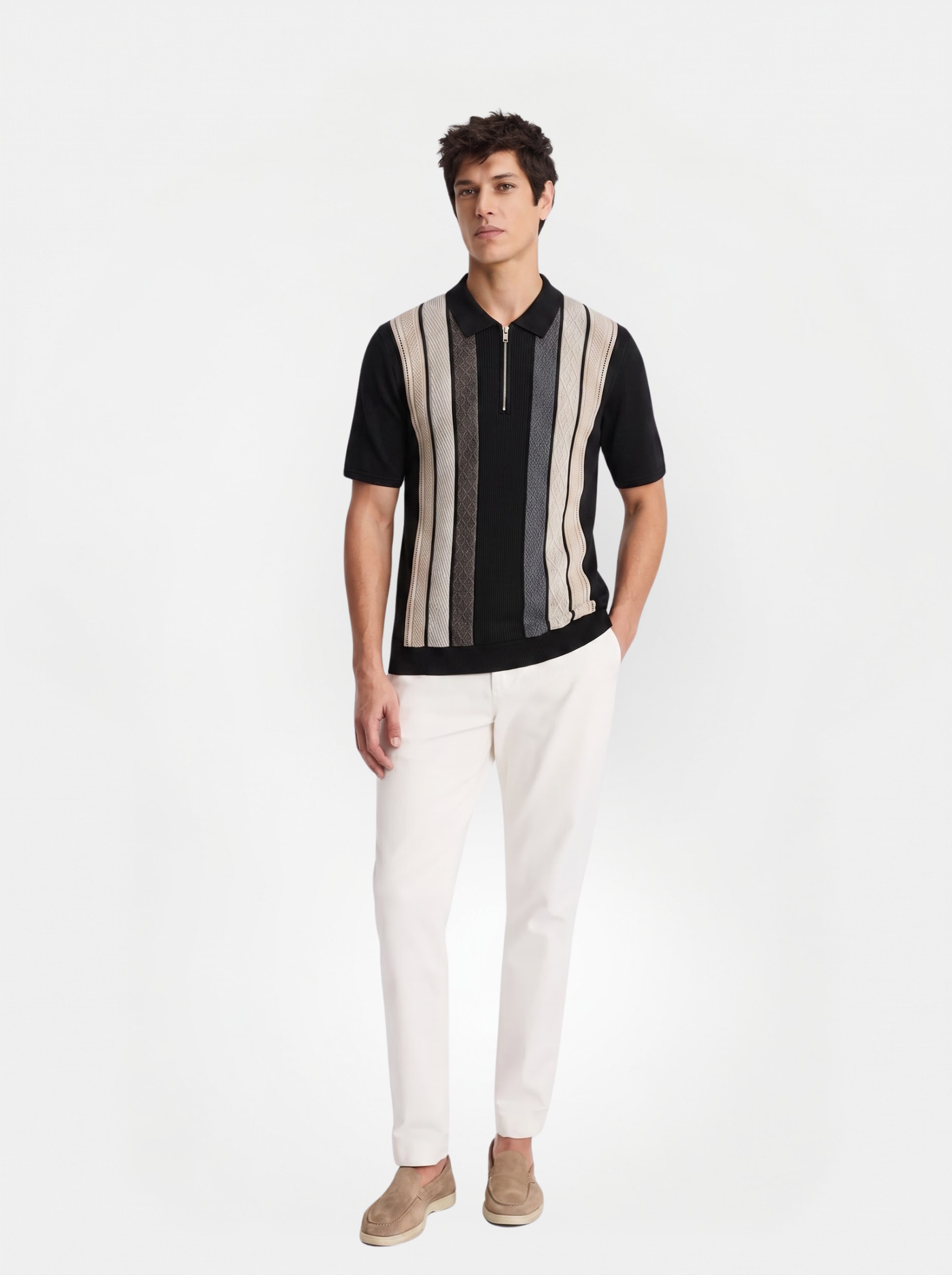 Grey Cream Texture Stripes Polo