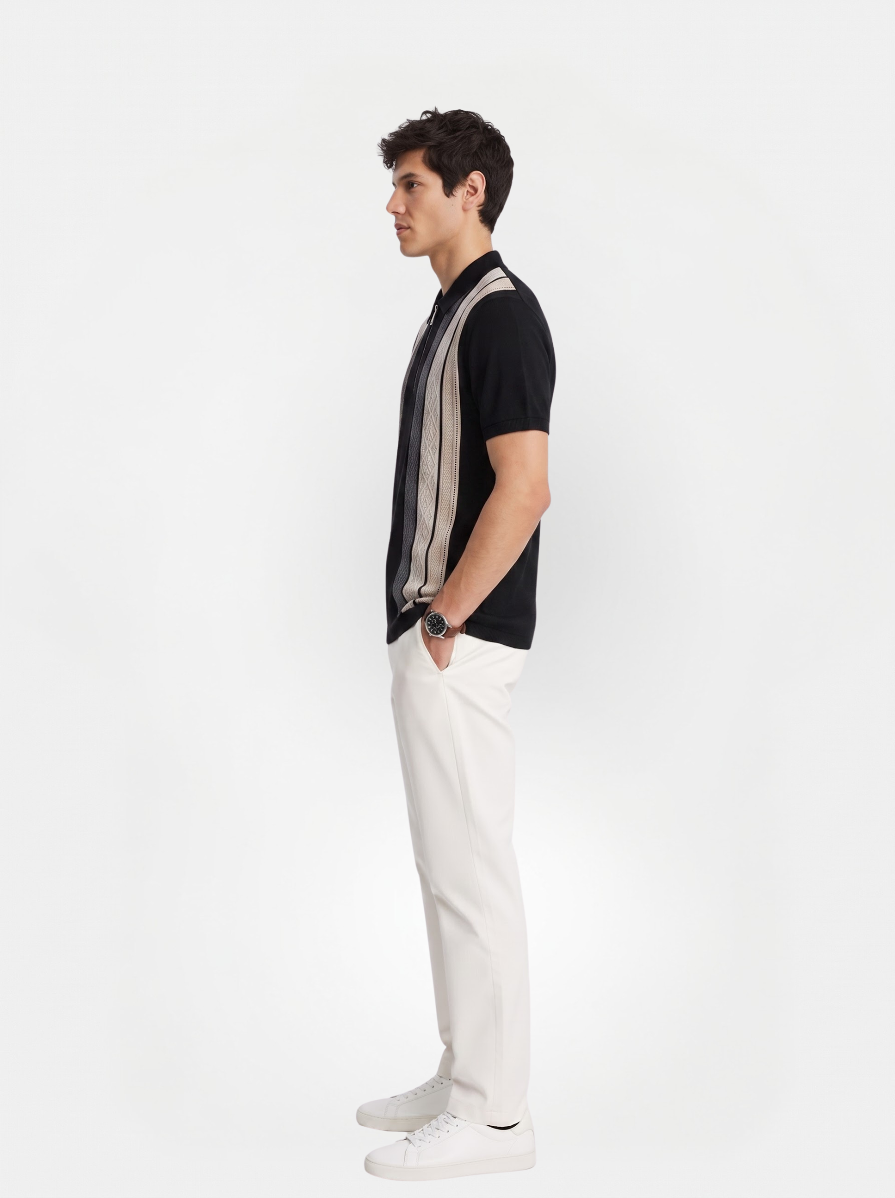 Grey Cream Texture Stripes Polo