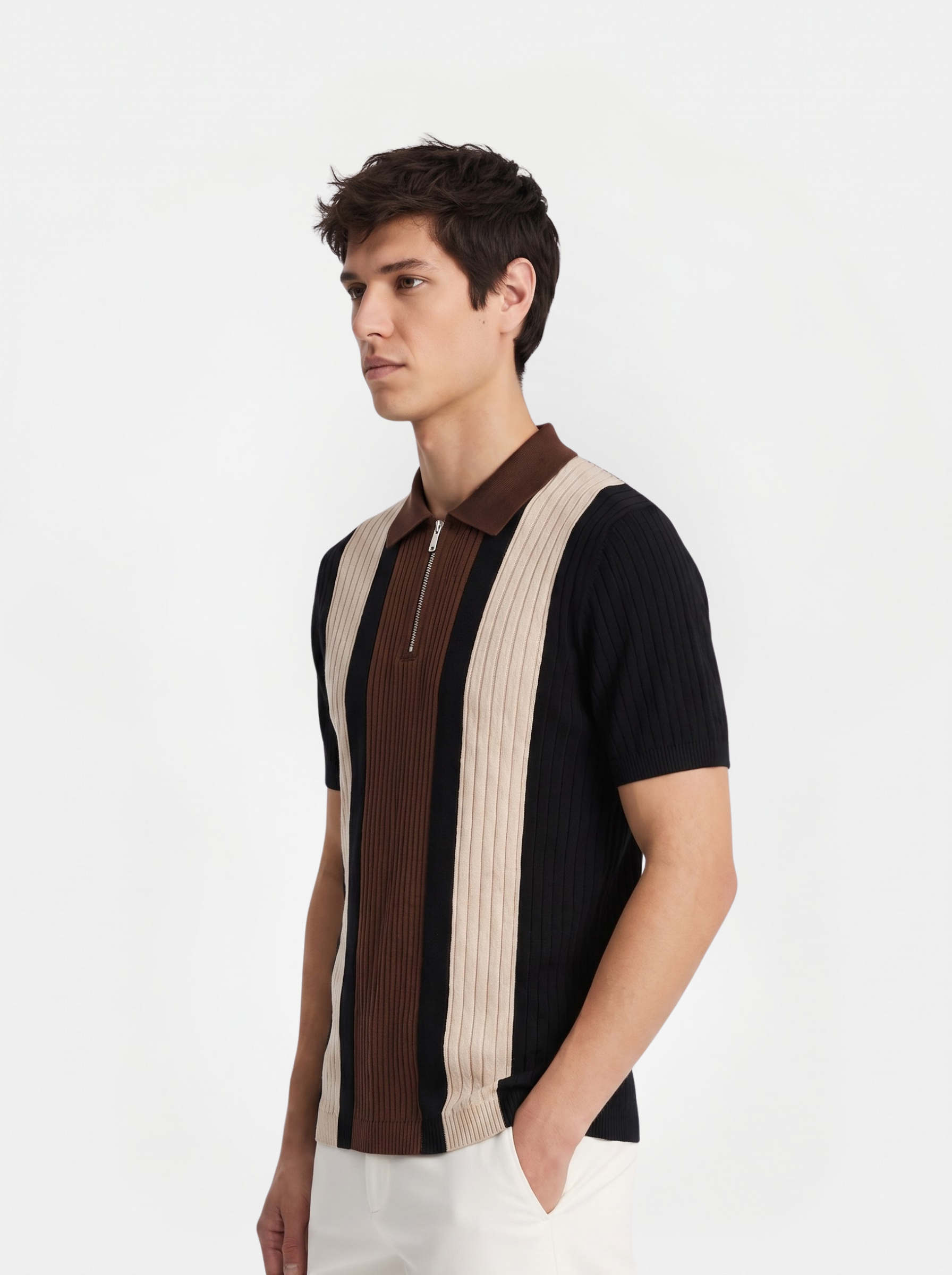 Beige Brown Texture Stripes Polo