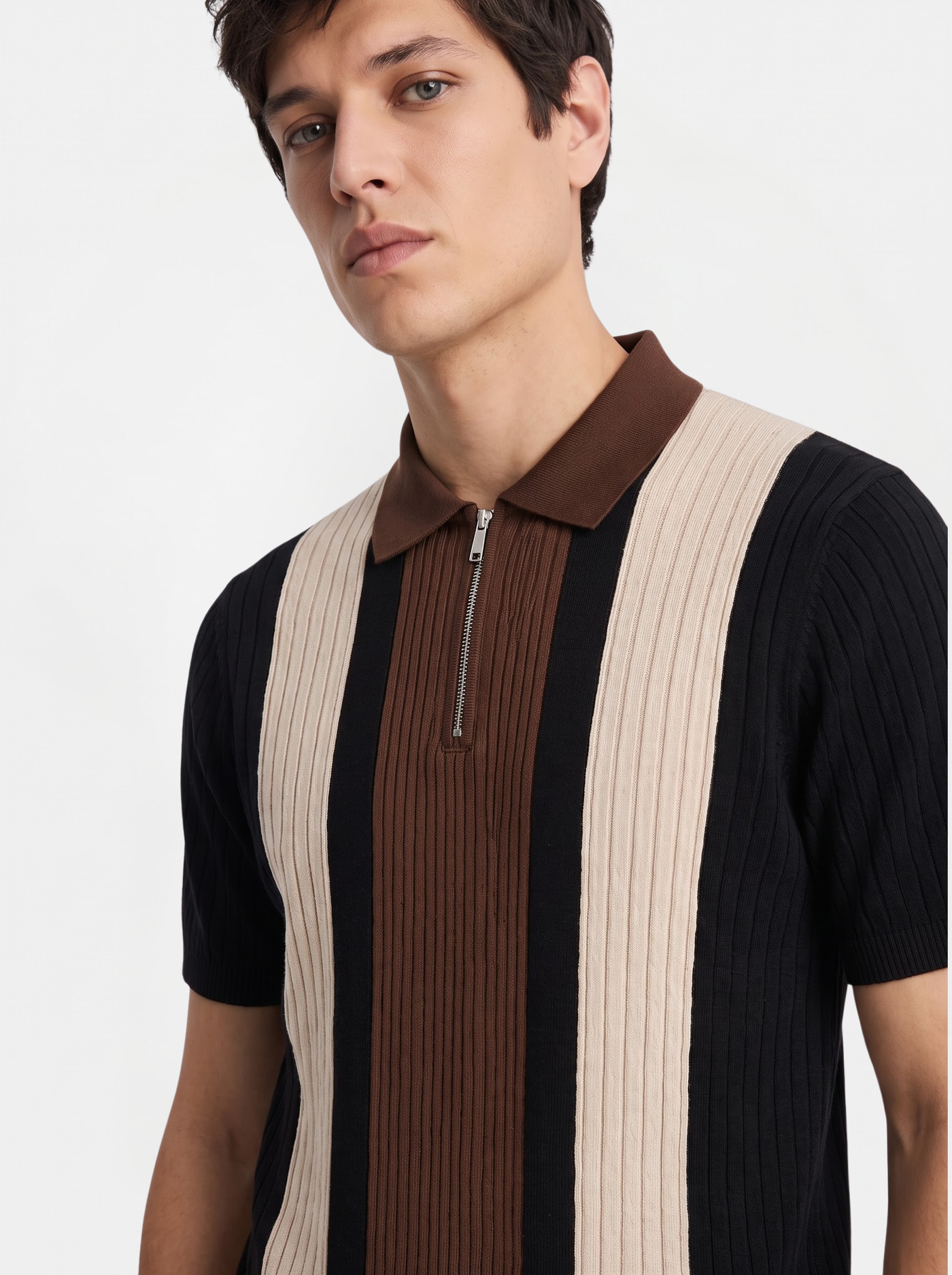 Beige Brown Texture Stripes Polo
