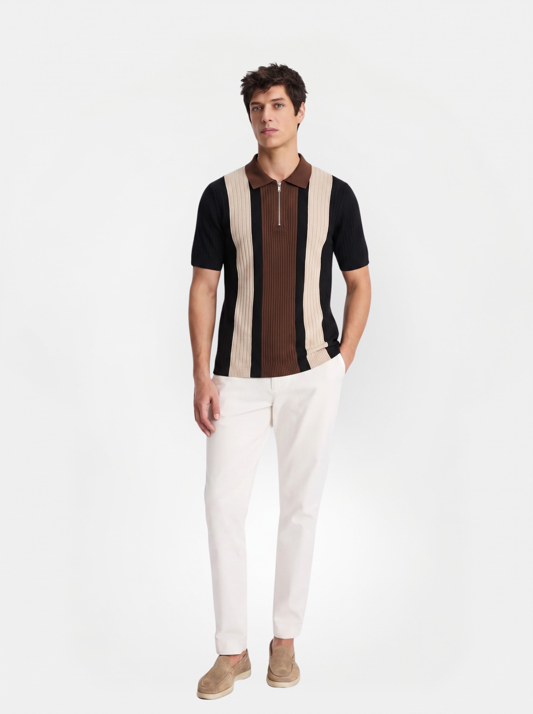 Beige Brown Texture Stripes Polo