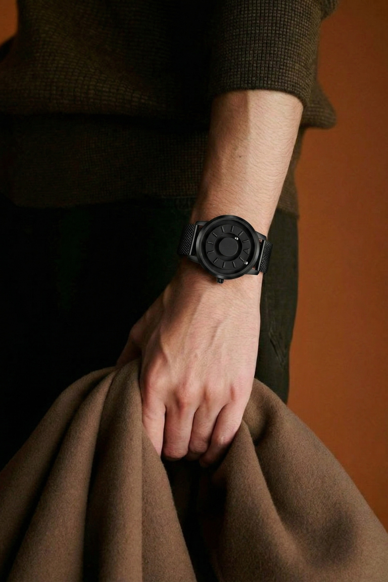 Person wearing a dark wristwatch with a brown background