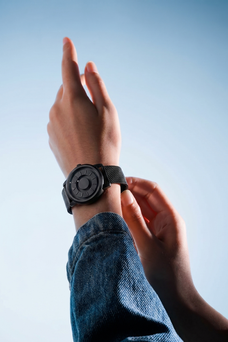Person wearing a black watch on a light blue background