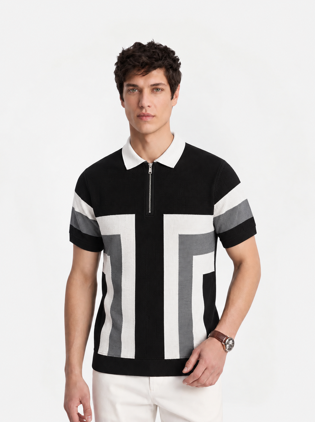White Grey Texture Stripes Polo