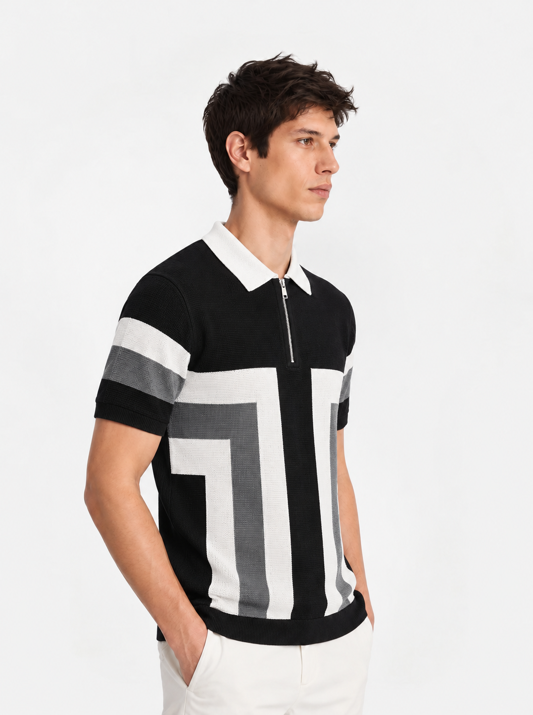 White Grey Texture Stripes Polo
