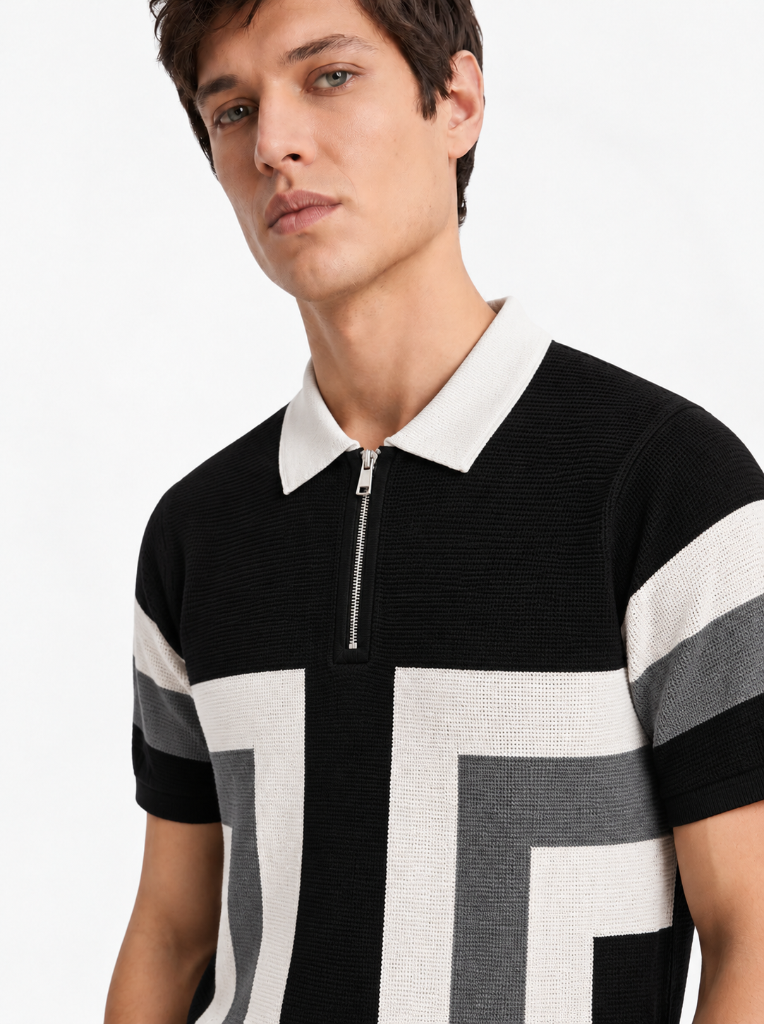 White Grey Texture Stripes Polo
