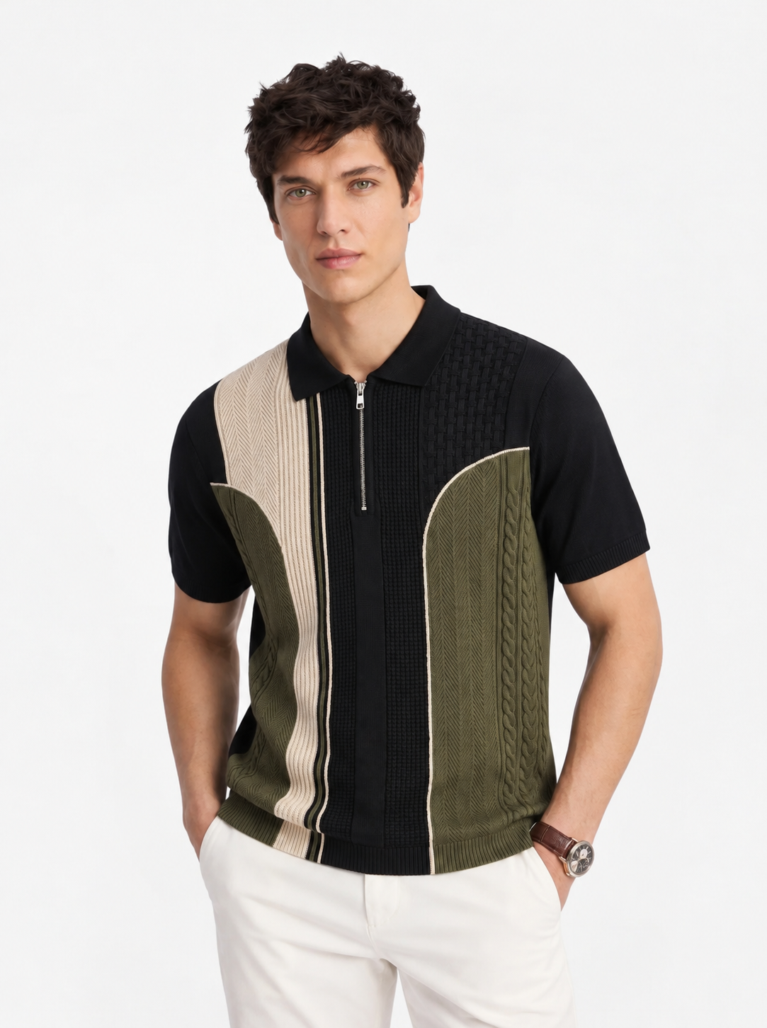 Green Cream Texture Stripes Polo
