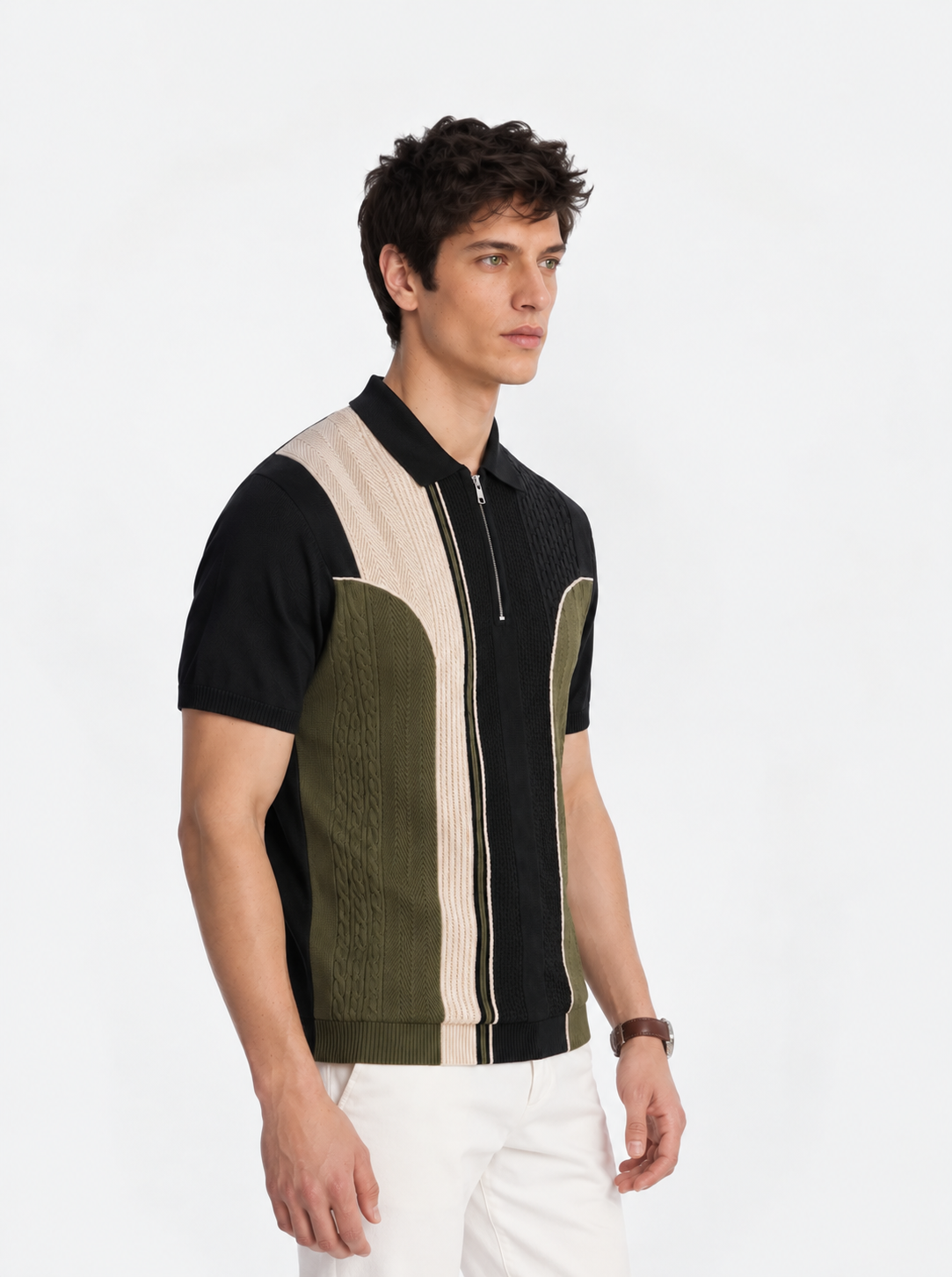 Green Cream Texture Stripes Polo