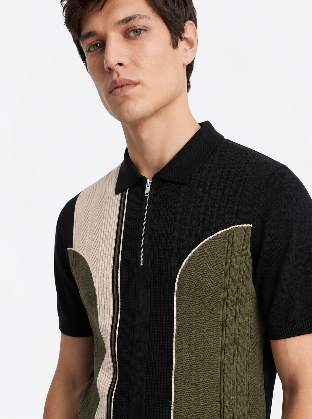 Green Cream Texture Stripes Polo