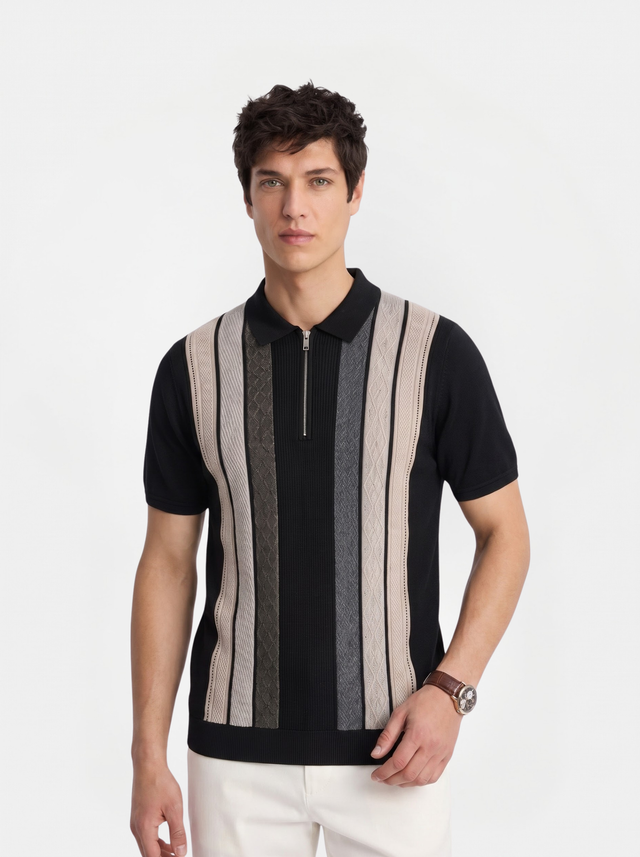 Grey Cream Texture Stripes Polo