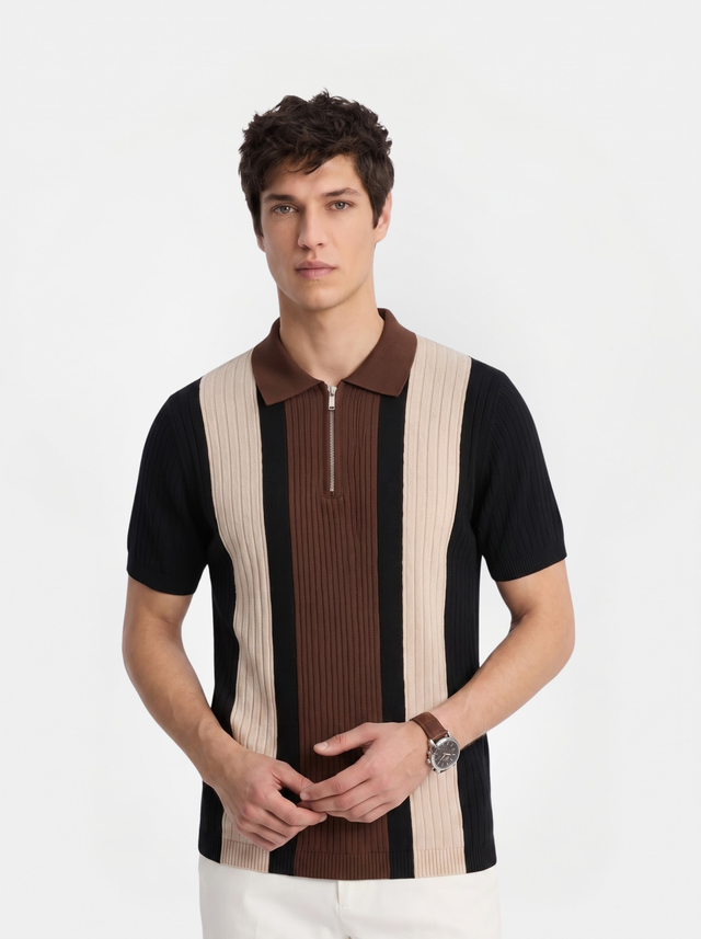 Beige Brown Texture Stripes Polo